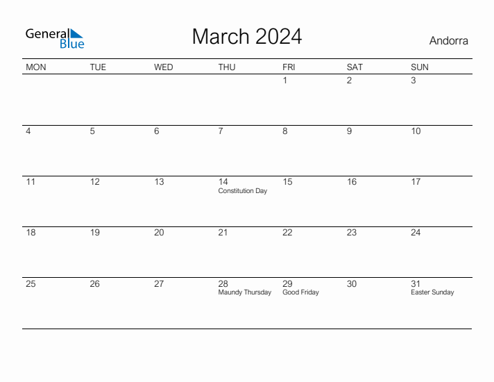 Printable March 2024 Calendar for Andorra