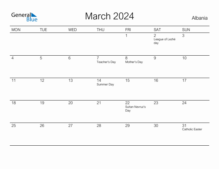 Printable March 2024 Calendar for Albania