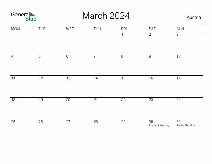 Printable March 2024 Calendar for Austria