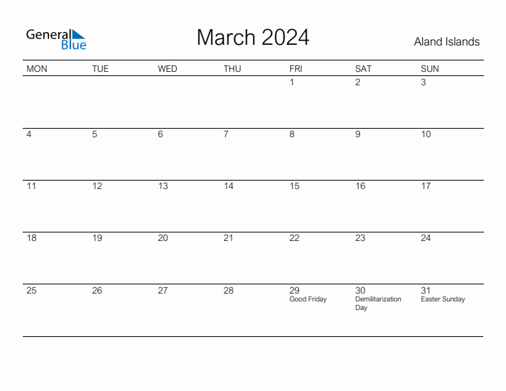 Printable March 2024 Calendar for Aland Islands