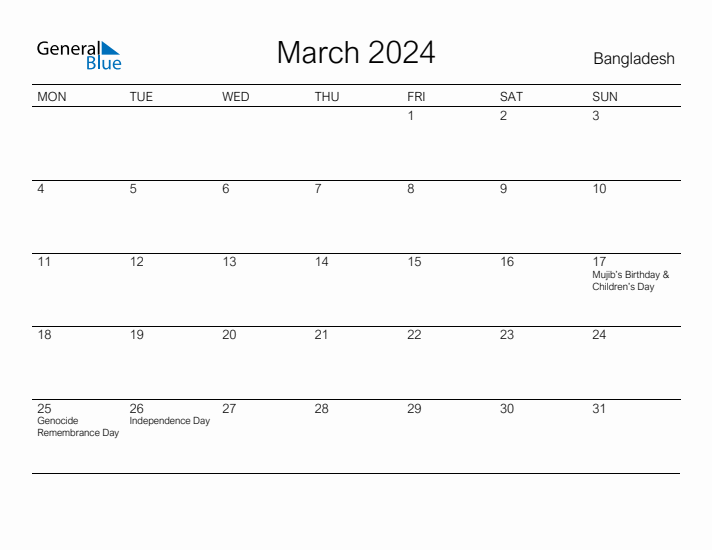 Printable March 2024 Calendar for Bangladesh