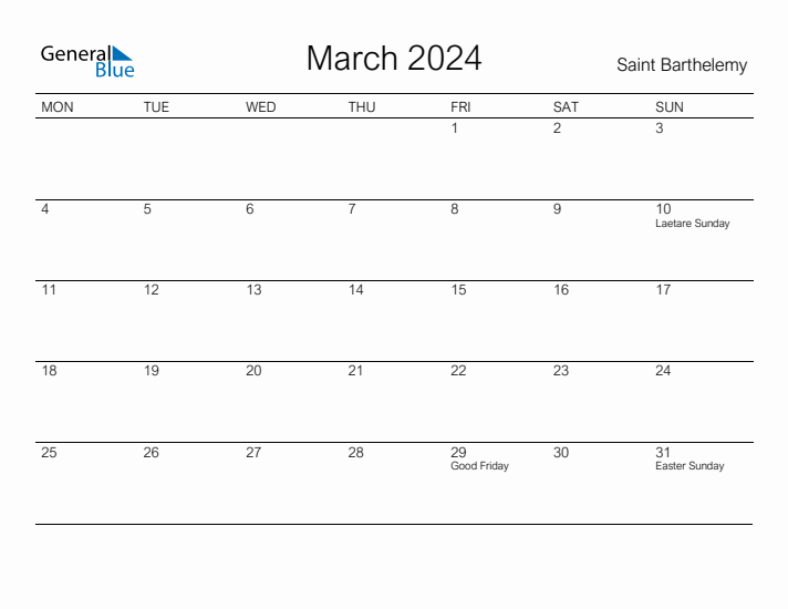 Printable March 2024 Calendar for Saint Barthelemy