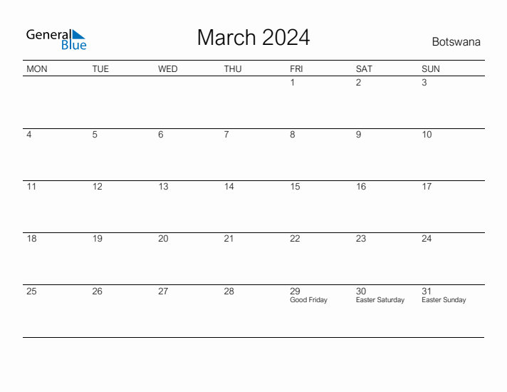 Printable March 2024 Calendar for Botswana