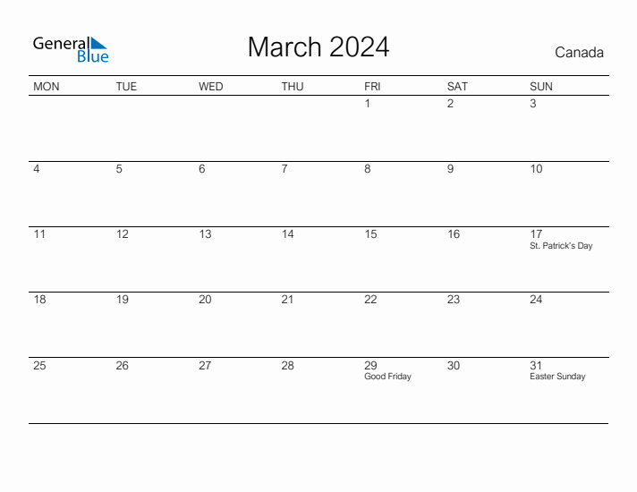 Printable March 2024 Calendar for Canada