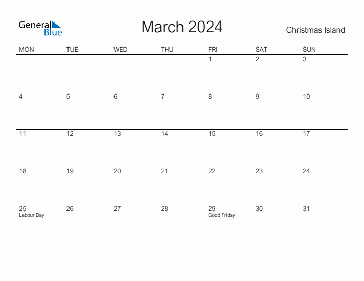 Printable March 2024 Calendar for Christmas Island