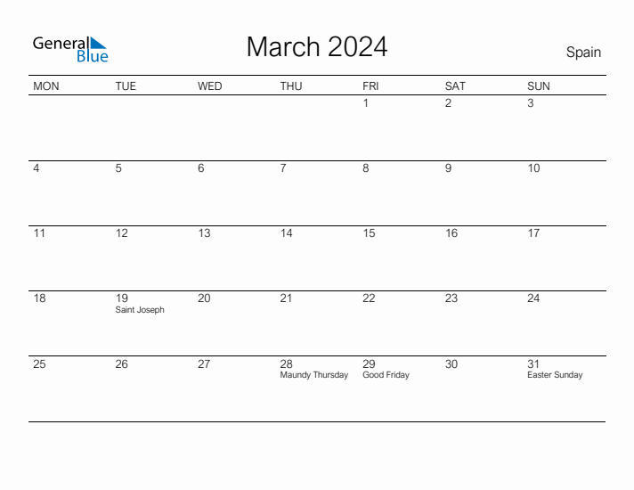 Printable March 2024 Calendar for Spain