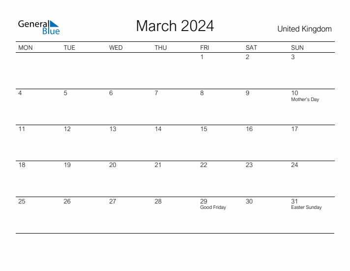 Printable March 2024 Calendar for United Kingdom