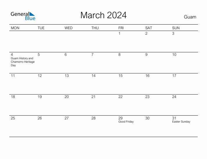 Printable March 2024 Calendar for Guam