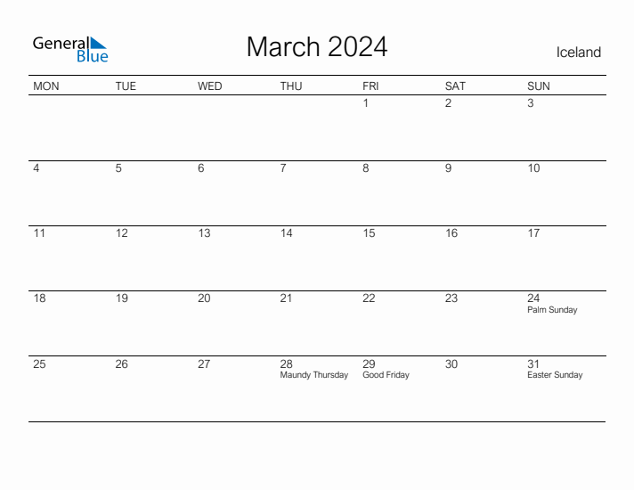 Printable March 2024 Calendar for Iceland