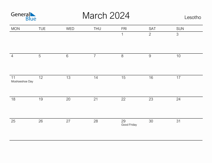 Printable March 2024 Calendar for Lesotho