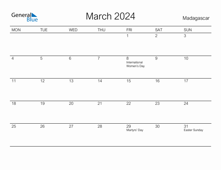 Printable March 2024 Calendar for Madagascar