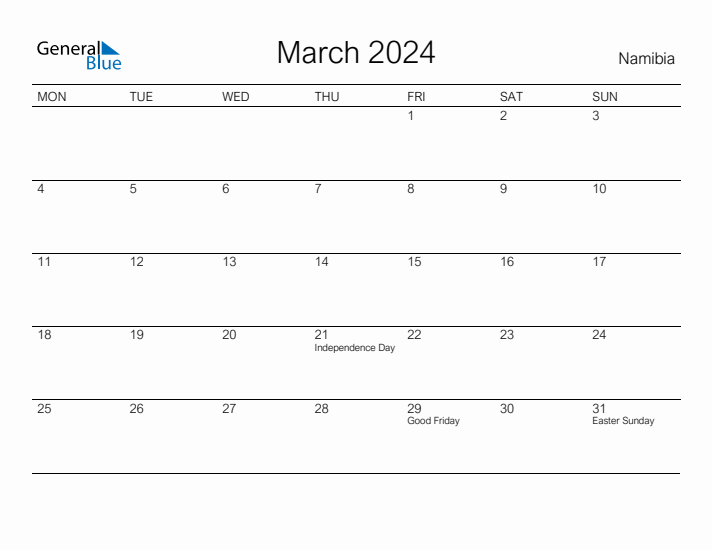 Printable March 2024 Calendar for Namibia