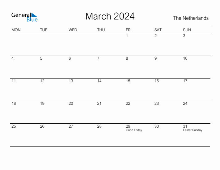 Printable March 2024 Calendar for The Netherlands