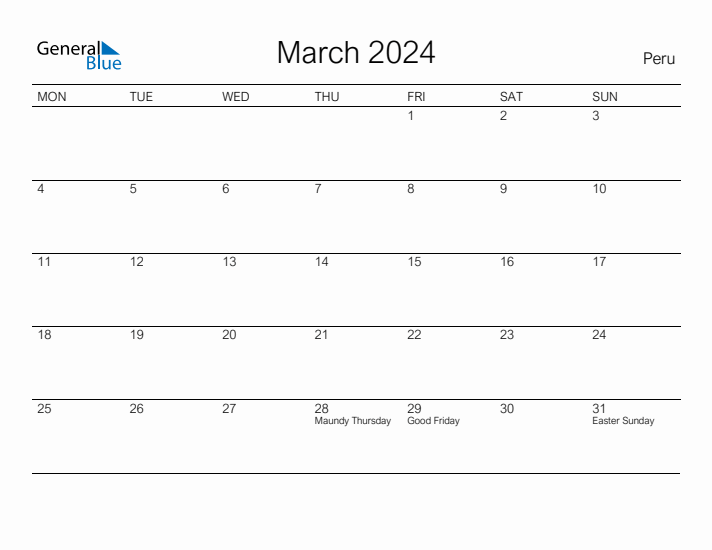 Printable March 2024 Calendar for Peru