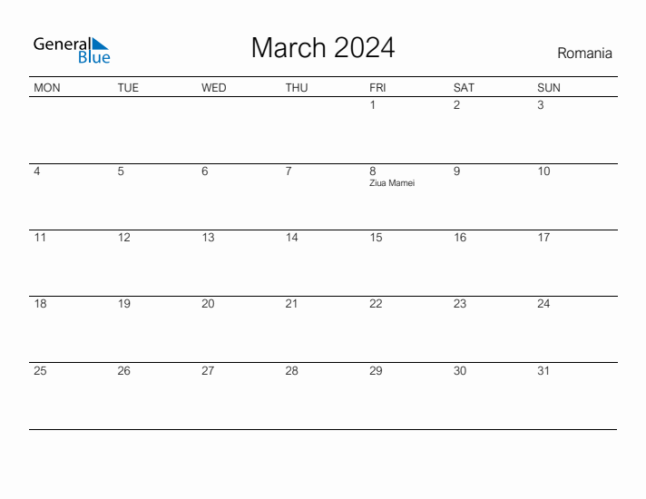 Printable March 2024 Calendar for Romania