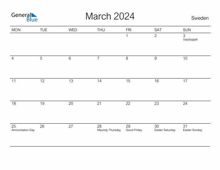 Printable March 2024 Calendar for Sweden