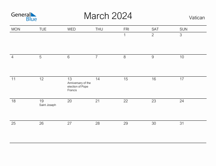 Printable March 2024 Calendar for Vatican