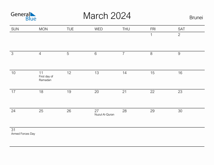 Printable March 2024 Calendar for Brunei