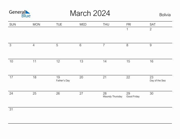 Printable March 2024 Calendar for Bolivia