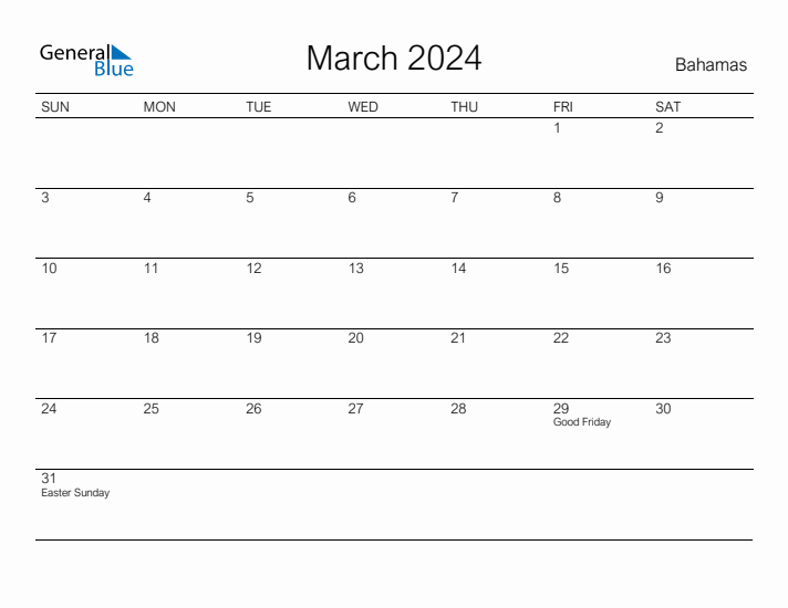 Printable March 2024 Calendar for Bahamas