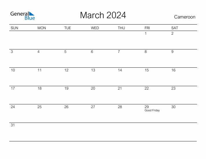 Printable March 2024 Calendar for Cameroon