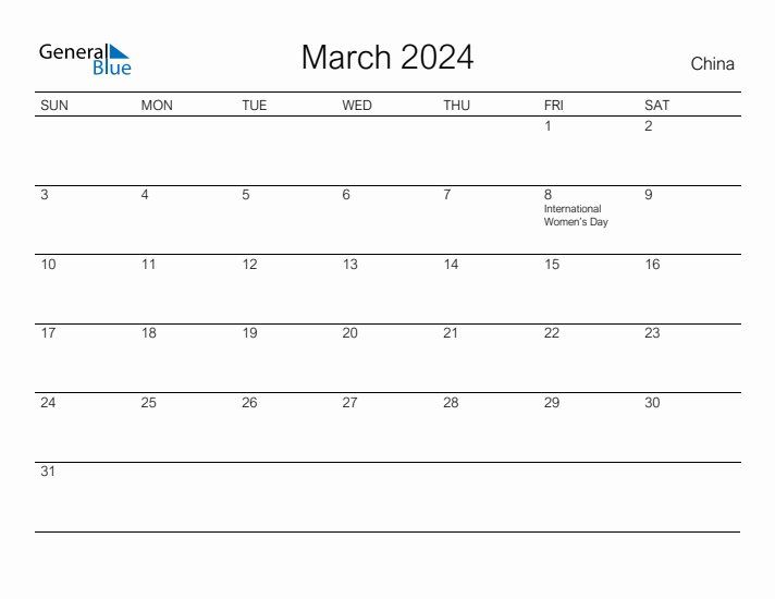 Printable March 2024 Calendar for China