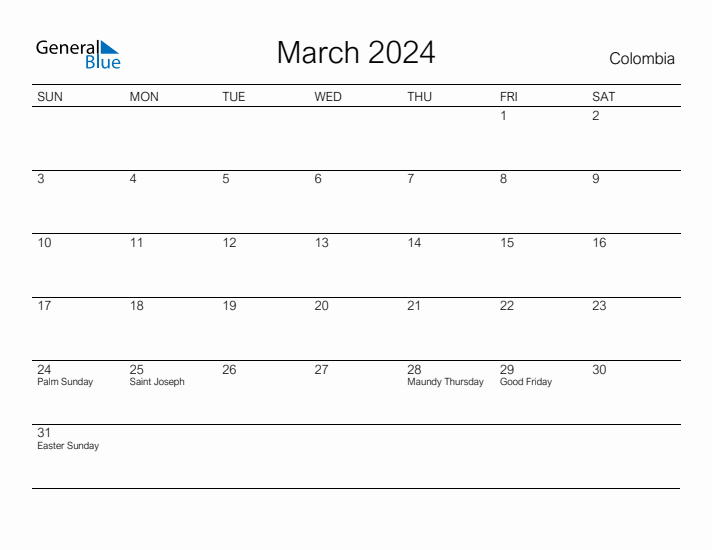 Printable March 2024 Calendar for Colombia