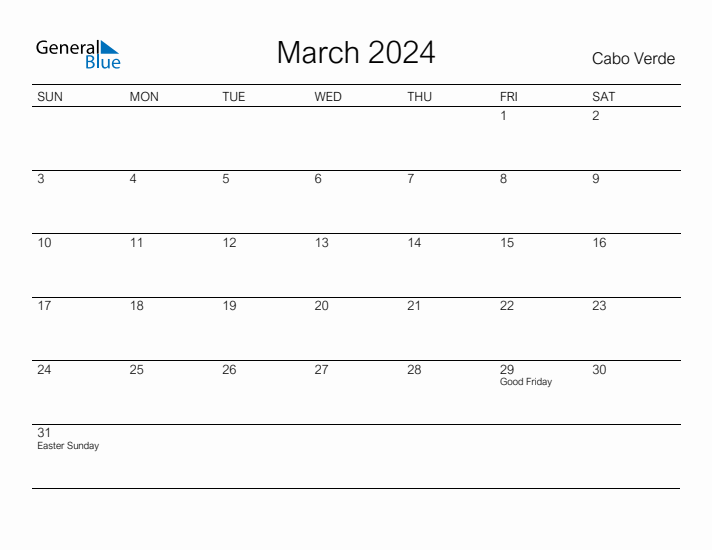 Printable March 2024 Calendar for Cabo Verde