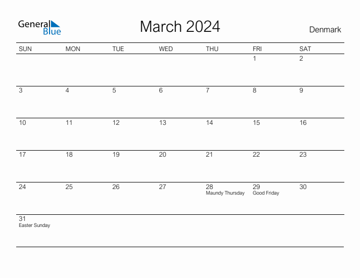 Printable March 2024 Calendar for Denmark