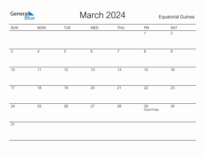 Printable March 2024 Calendar for Equatorial Guinea