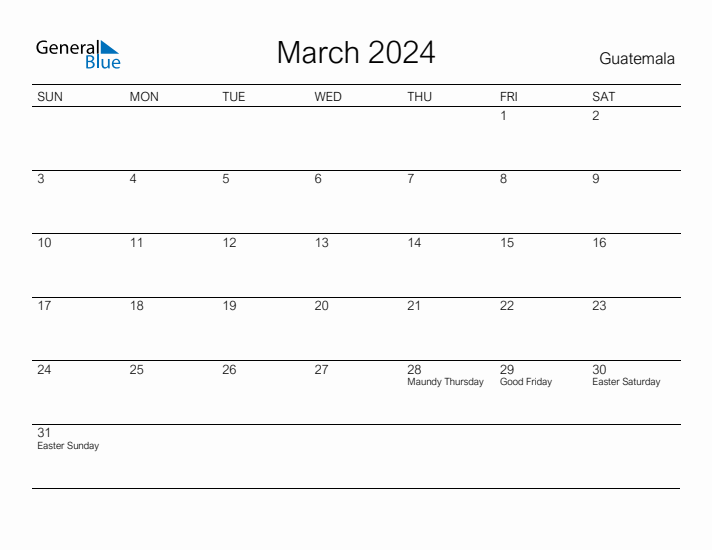 Printable March 2024 Calendar for Guatemala