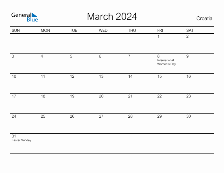 Printable March 2024 Calendar for Croatia