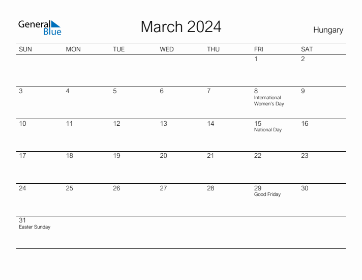 Printable March 2024 Calendar for Hungary