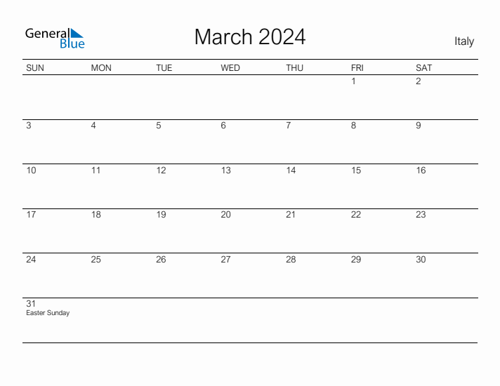 Printable March 2024 Calendar for Italy