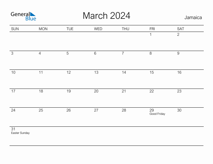 Printable March 2024 Calendar for Jamaica