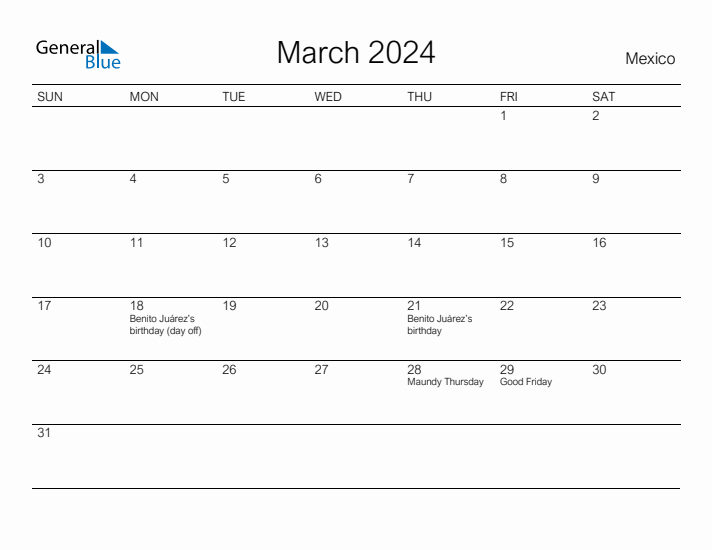 Printable March 2024 Calendar for Mexico