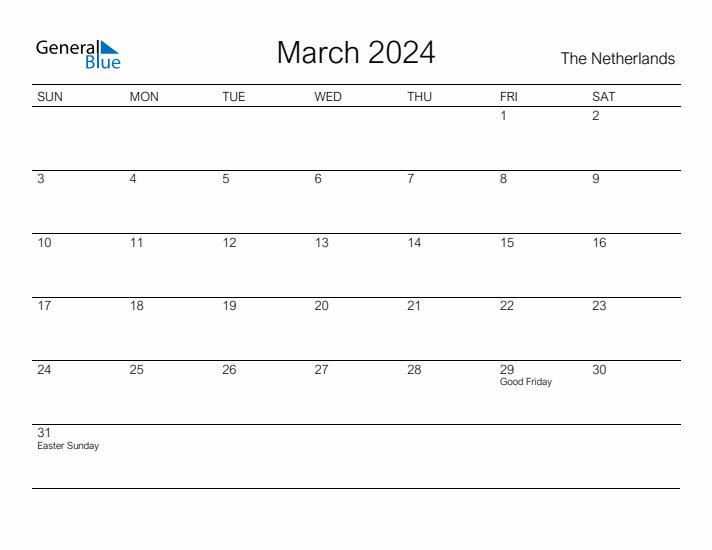 Printable March 2024 Calendar for The Netherlands