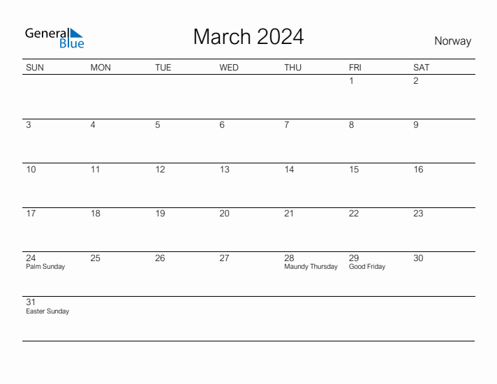 Printable March 2024 Calendar for Norway