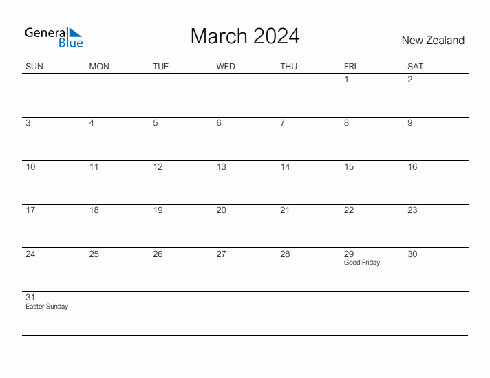 Printable March 2024 Calendar for New Zealand