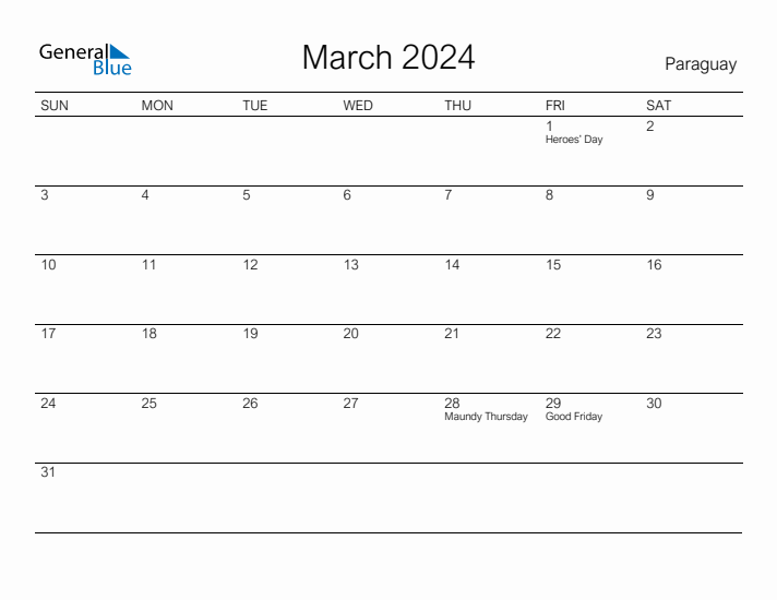 Printable March 2024 Calendar for Paraguay