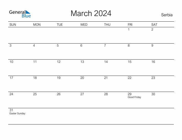 Printable March 2024 Calendar for Serbia