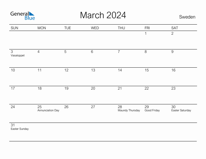 Printable March 2024 Calendar for Sweden