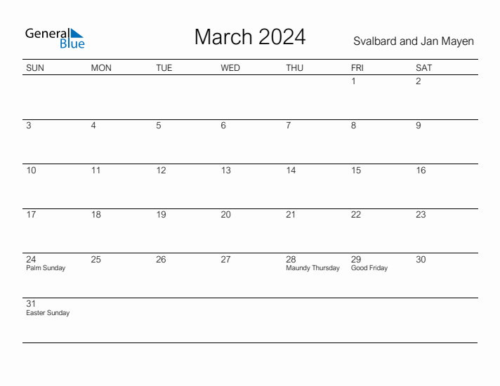 Printable March 2024 Calendar for Svalbard and Jan Mayen