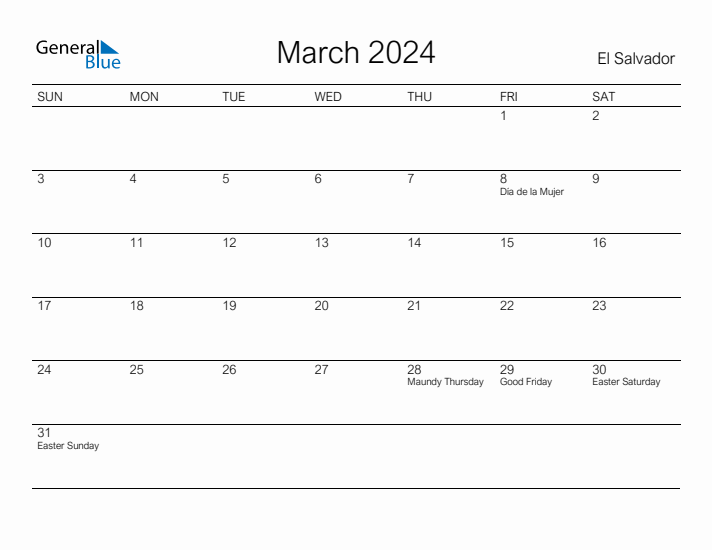 Printable March 2024 Calendar for El Salvador