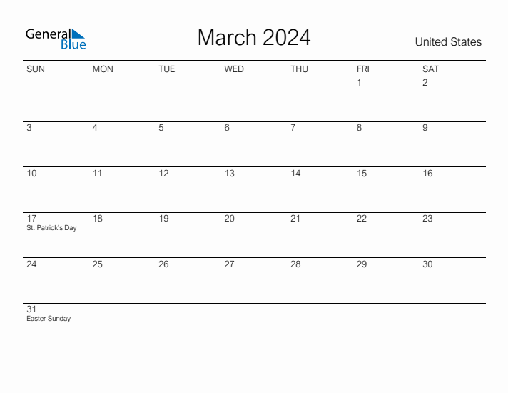 Printable March 2024 Calendar for United States