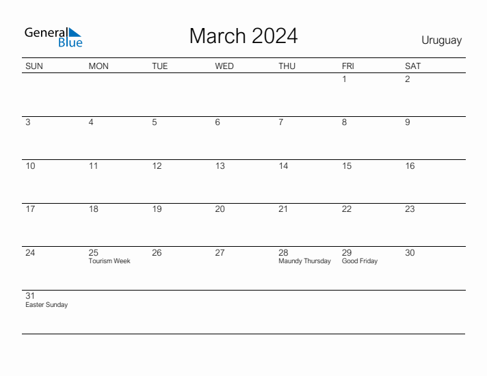 Printable March 2024 Calendar for Uruguay