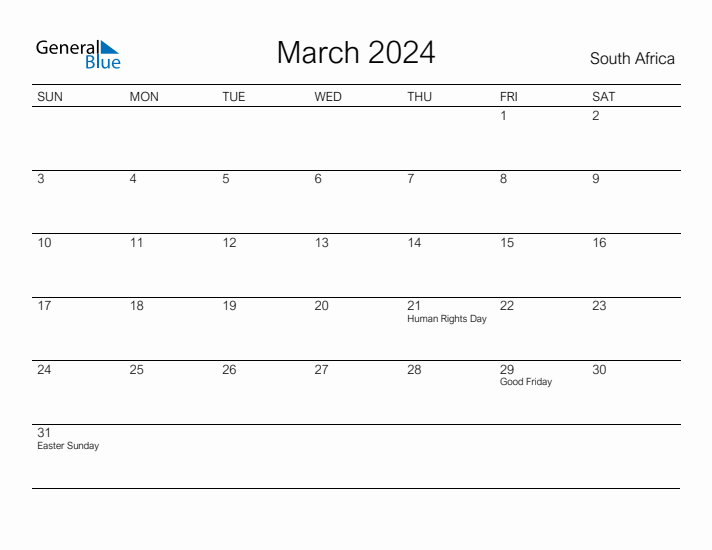 Printable March 2024 Calendar for South Africa