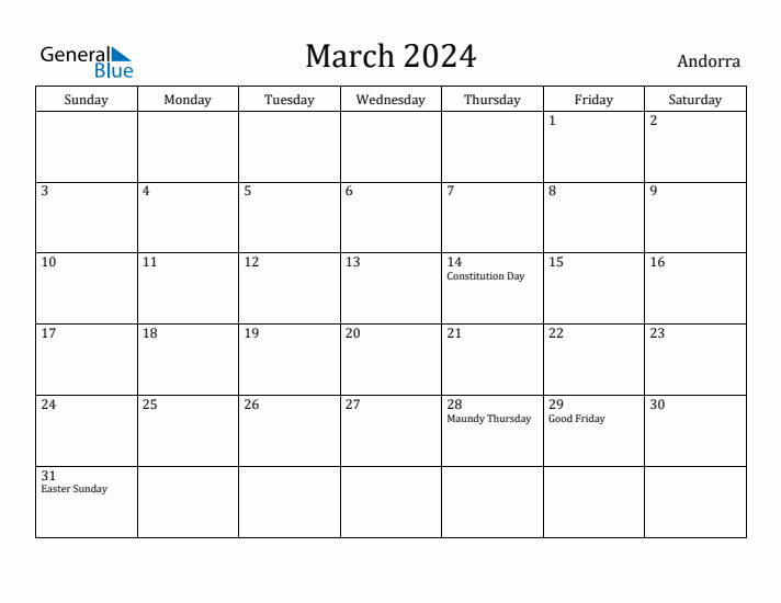 March 2024 Calendar Andorra