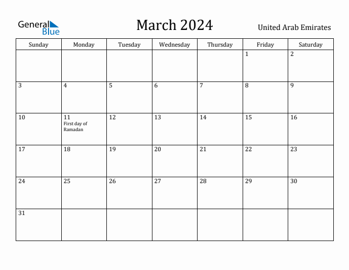 March 2024 Calendar United Arab Emirates