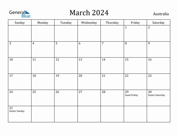 March 2024 Calendar Australia